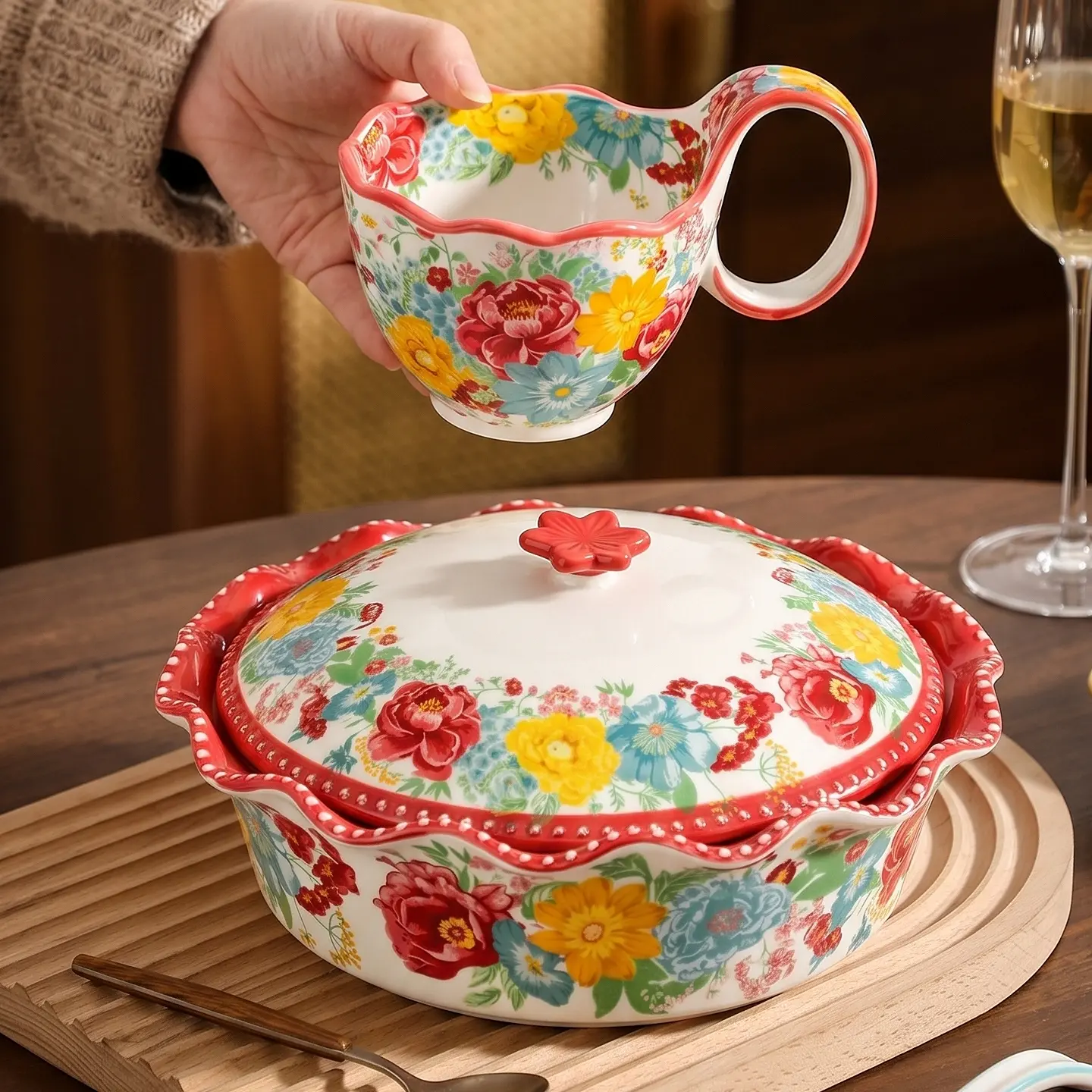 HongDian Red Floral American-Style Ceramic Tableware Series, Optional 11in Lidded Casserole Pot (2100ml/71oz) or 7in Curved-Handle Bowl (450ml/15oz), Premium Underglaze Non-Fading, Oven-Safe, Microwave & Dishwasher Safe for Family Meals
