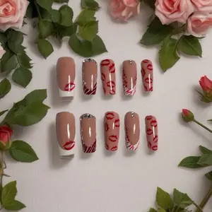 Acrylic Press-On 10pc Set Blush Kiss Handmade Durable Reusable Soft Nude Base with Romantic Red Lip Prints Crisp White French Tips Subtle Rhinestone Accents