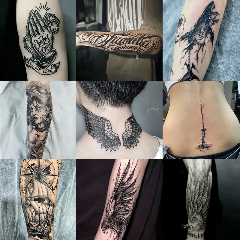 9 herbal tattoo stickers, including sailboats, feathers, sharks, wing elements and other styles, last 7-15 days, waterproof and friction-resistant, the effect is real, suitable for people who are afraid of pain and do not want to get tattoos