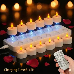12-Pack Rechargeable Flameless Tea Light Candles with Remote & Charging Base, LED Flickering Candles for Bedroom, Living Room, Table Decor, Safe Reusable Home Candle Set for Valentine’s Day