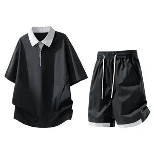 Men’s summer casual set featuring contrasting colors, a notched collar, trendy short sleeves, and shorts—new arrival. A versatile, stylish, minimalist two-piece for everyday wear with premium quality.