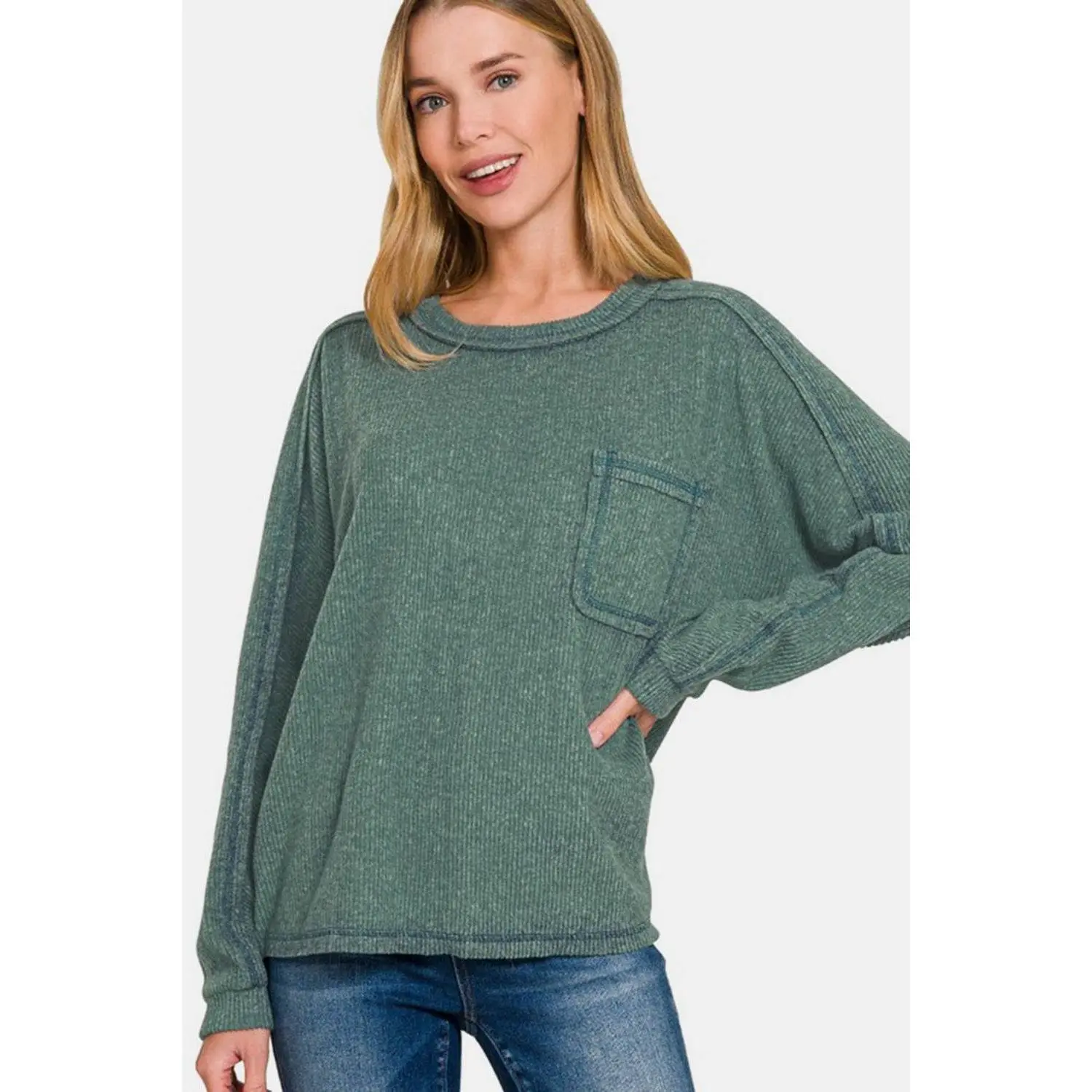 Zenana Full Size Contrast Stitching Brushed Ribbed Hacci Knit Top