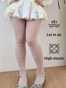 Sweet Girl Must-Have! Silver Color Vertical Stripes Bow Stockings, Lolita Style, High Waist, Slim-Fitting, All Seasons