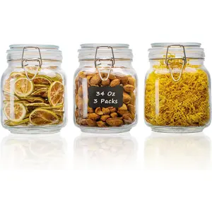 34oz Square Glass  Storage Jars with Airtight Clamp , 3 Pack Large Kitchen Canisters for Flour, Cereal, Coffee, Pasta and Canning, Mason Jar (Clear 34oz Square - 3 sets)