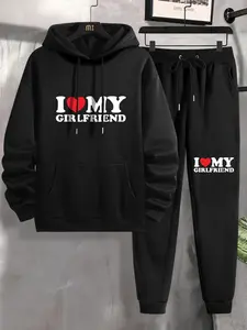 Men's "I Love My GF" Print Drawstring Two-Piece Set, Regular Fit Long Sleeve Sweatshirt & Pocket Jogger Pants, Men Two-piece Outfits For Daily Wear