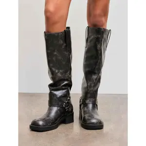 Cider [2 colors, size 6-11] BUCKLE DISTRESSED KNEE HIGH BOOTS