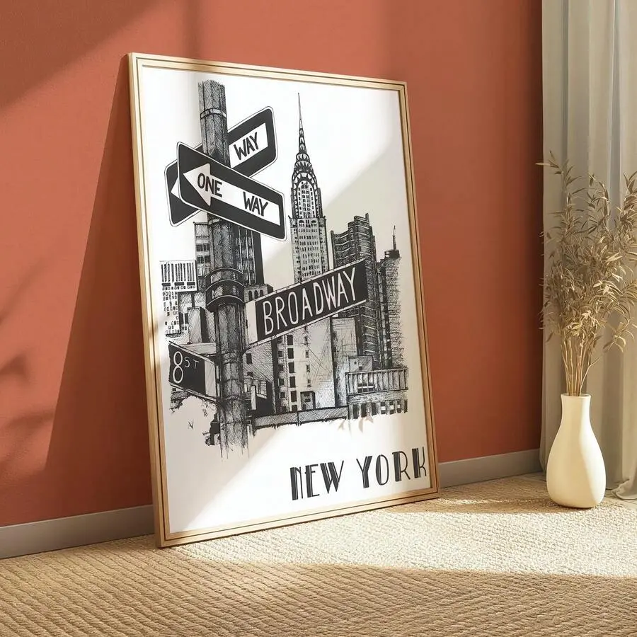 New York City Skyline Canvas Wall Art Broadway One Way Street Sign Poster Vintage NYC Travel Print Modern Home Office Decor Gift