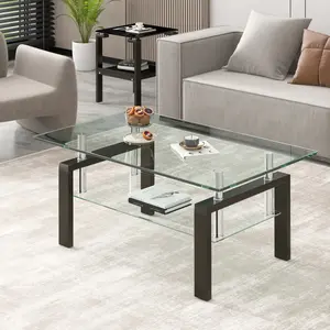 Glass Coffee Tables Modern Rectangle Center Side Table w/Storage Shelf, Metal Legs & 8mm Thickness Tempered Glass, for Living Room Reception Room Office