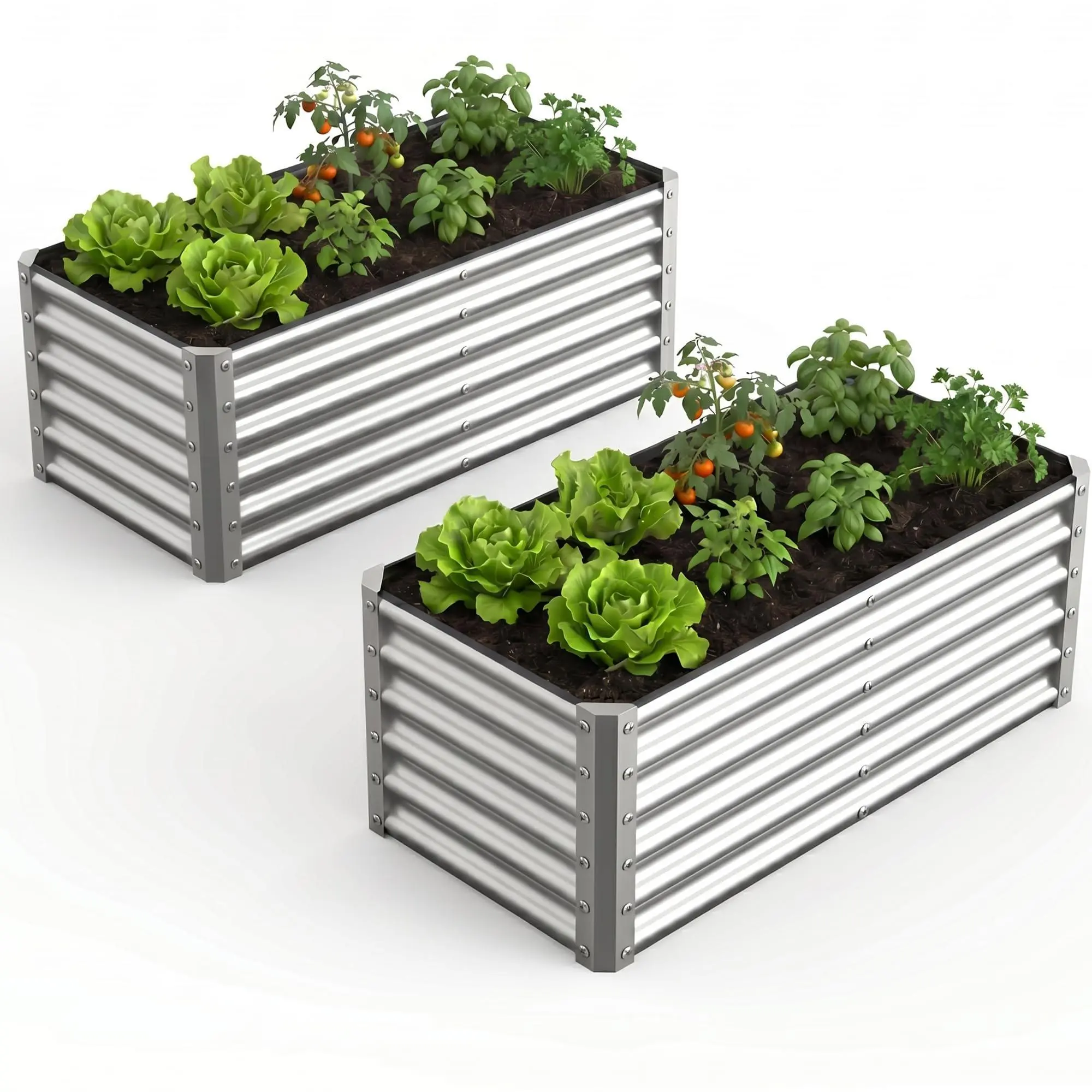 2-Pack Galvanized Metal Raised Bed Kit, Large Rectangular Outdoor Deep Root Planter Box for Vegetables, Flowers (4x2x1.5FT, Silver), 4X2x1.5 Ft, Deep Root Box