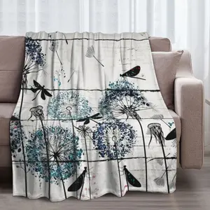Elegant Dandelion and Dragonfly Soft Throw Blanket, suitable for all seasons. It is made of microplush, warm, lightweight, fuzzy flannel blanket