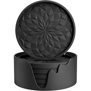 Silicone Drink Coaster Set with Holder - 6-Pack Thickened Round Cup Mats, Deep Tray Design for Hot, Cold Drinks & Tea, Non-Slip Table Protection (Black) | Kitchen Tableware for Indoor Use