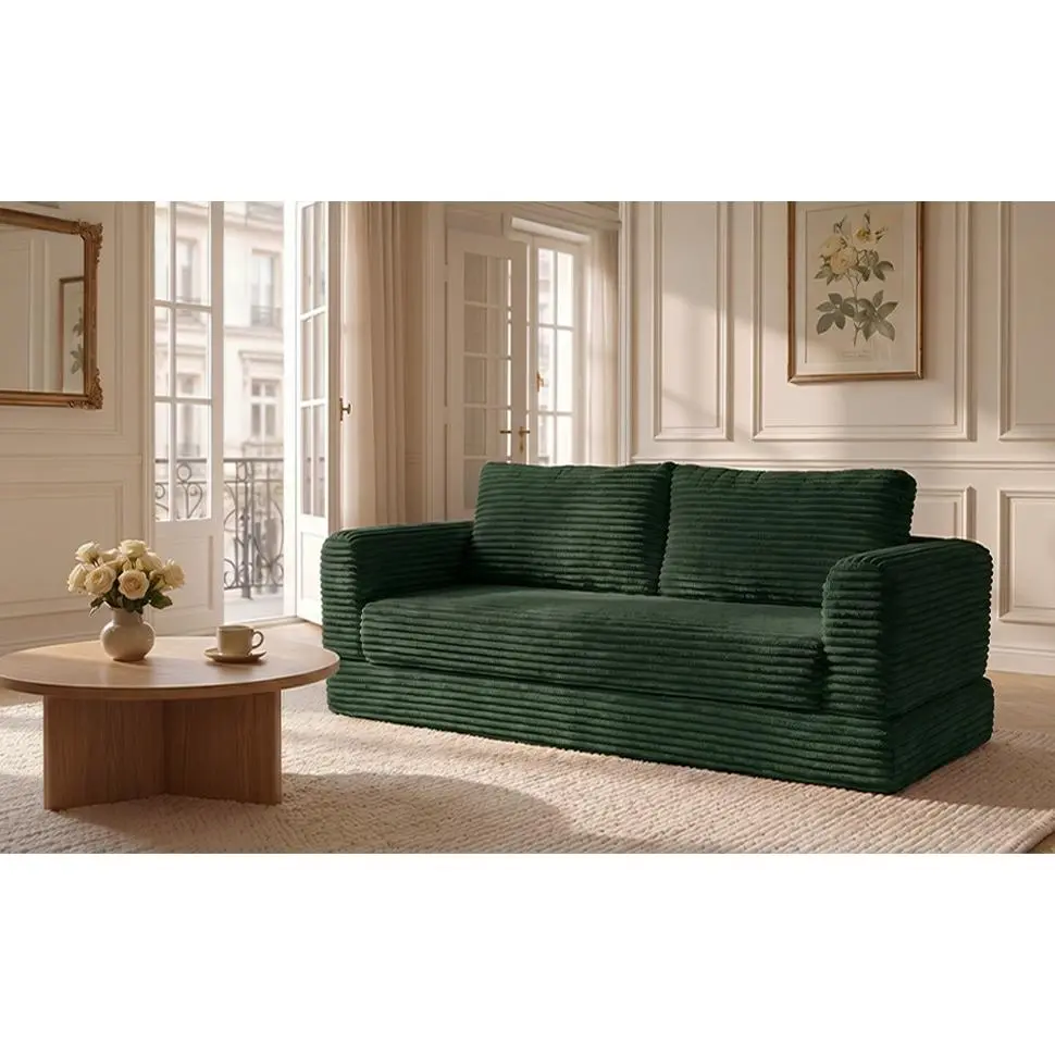 Convertible Corduroy Floor Sofa, 59-Inch Foldable Boneless Couch with Memory Foam, Deep Seat Cloud Lounger for Living Room, Green