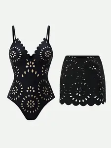 Women's New Solid Color Knit Hollow Out Ultra Breathable Casual Fashion Vacation Beach Short Dress Two-Piece Set Adjustable Straps One-Piece Swimsuit