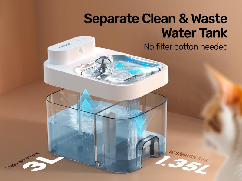 HAPAW Cat Water Fountain, 2.4GHz Wi-Fi App Control Automatic Pet Water Dispenser with 5000mAh Battery, Separated Clean & Waste Water, Filter-Free Plug-In Fountain for Cats