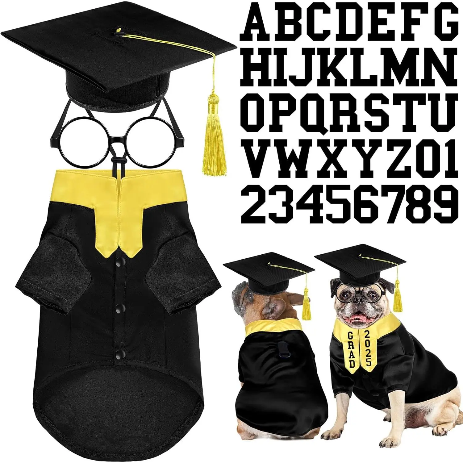 5 count  Graduation Costume Set Include 2025 Pet Graduation Gown with Stole Puppy Grad Cap Lensless Glasses DIY Letter Stickers for Dogs Cats Holiday Costume Accessory(Black Yellow,)