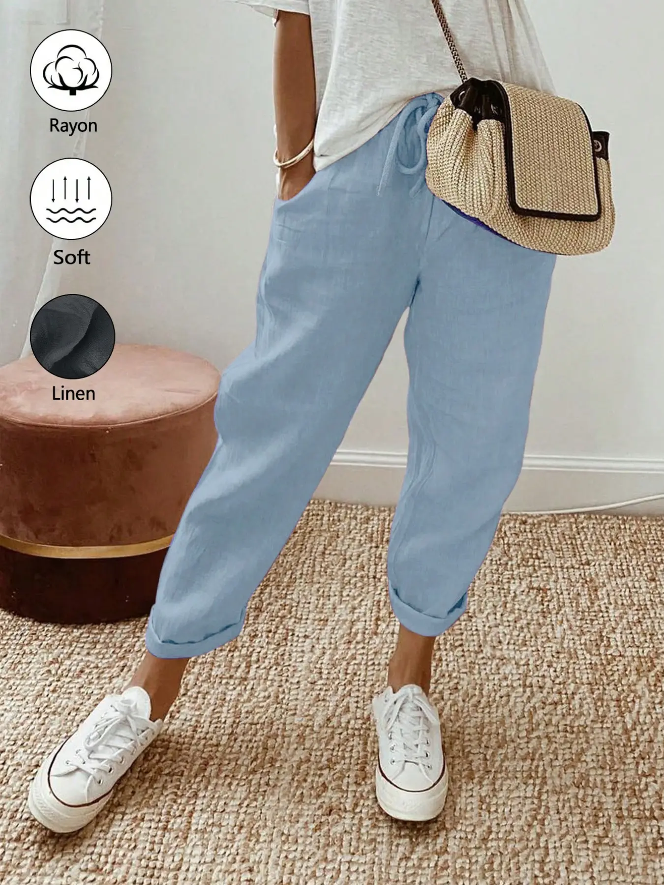 Women's Linen Tapered Pants, Summer Adjustable Drawstring Boho Beach Pants with Pocket, Bohemian Wide Leg, Casual Solid Color Soft Elastic High Waist Fitted Lounge Pants, Travel Vacation Bottoms, Cooling Streetwear, Bohemian Style Pants