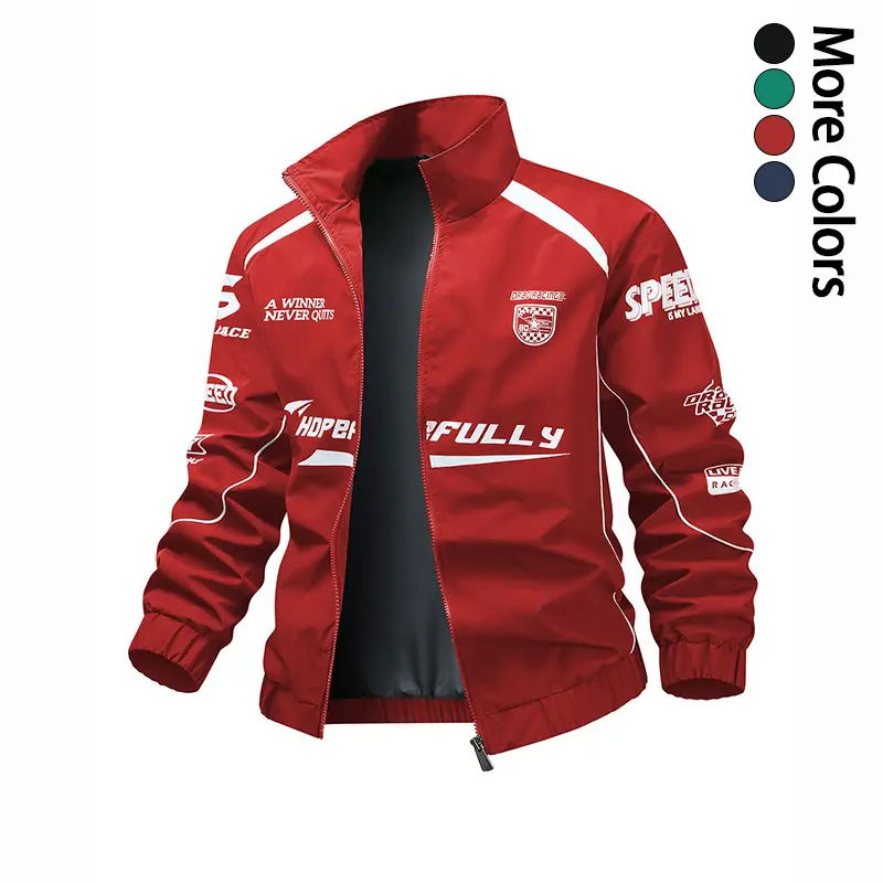 Men’s racing pattern print stand collar zip-up windproof jacket, vintage racing sports lightweight casual streetwear outerwear