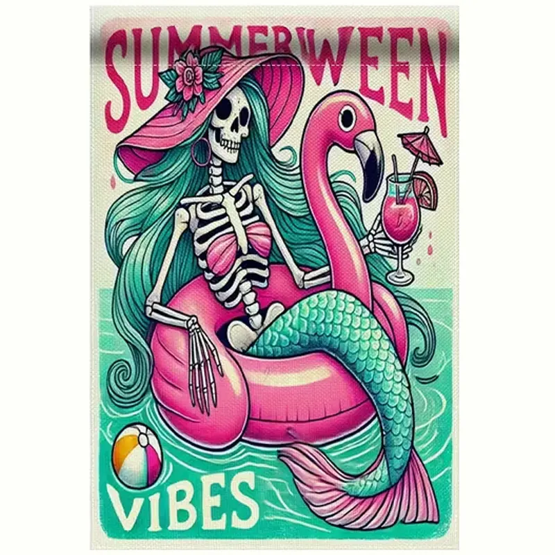 Summerween Vibes Mermaid Skeleton Flamingo Float Garden Flag Tropical Spooky Summer Yard Decor Tropical Spooky Yard Flag Mermaid Skeleton Pink Hat Cocktail Flamingo Summer Halloween Pool Lawn Decoration