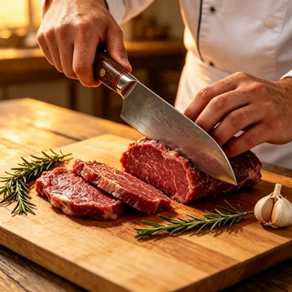 Damascus Chef’s Knife. Artisan-made with a rosewood handle and elegant patterned blade. Comfortable, sharp, and built to last. Light and portable—ideal for kitchen tasks and outdoor adventures.