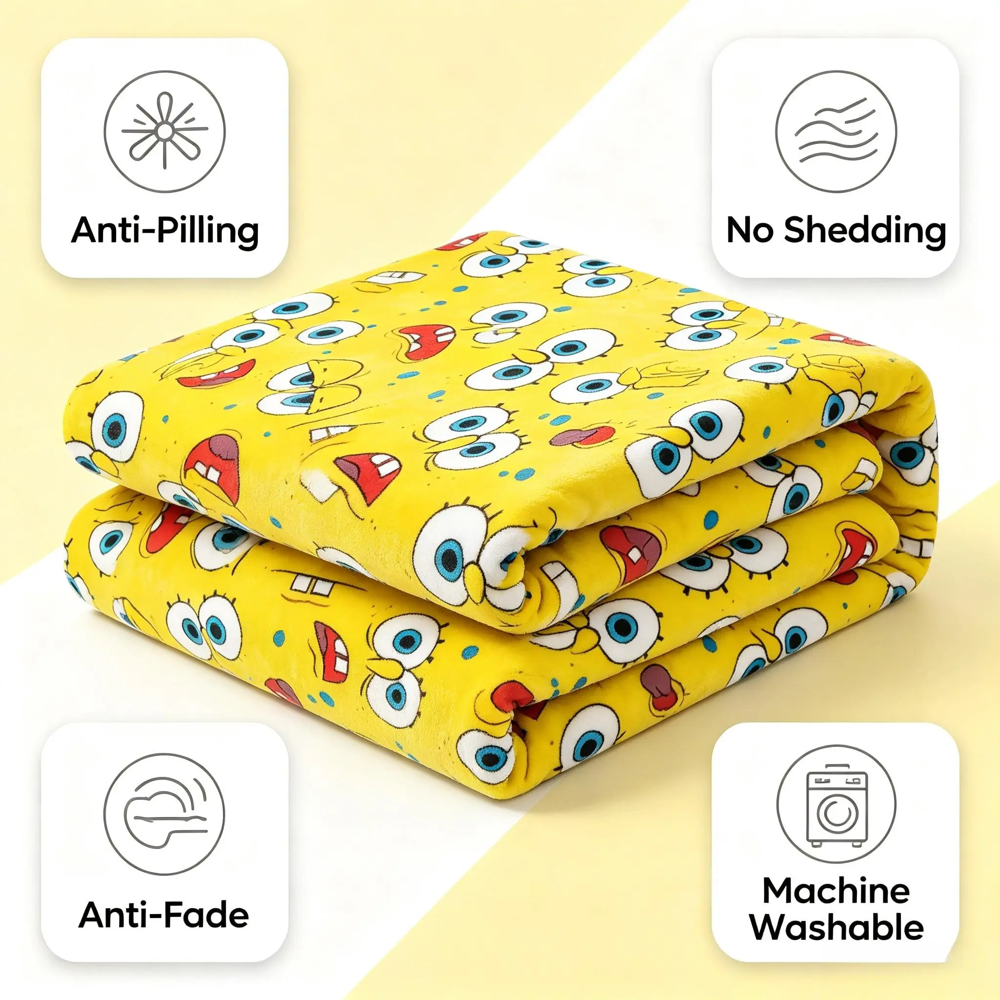 SpongeBob Tiny Yellow Eyes Printed Tiles Blanket, Warm Plush Skin-Friendly Flannel Bedding Throw, Multi-Purpose Indoors-Outdoors Playful Art Cover for Kids Living Room Bed