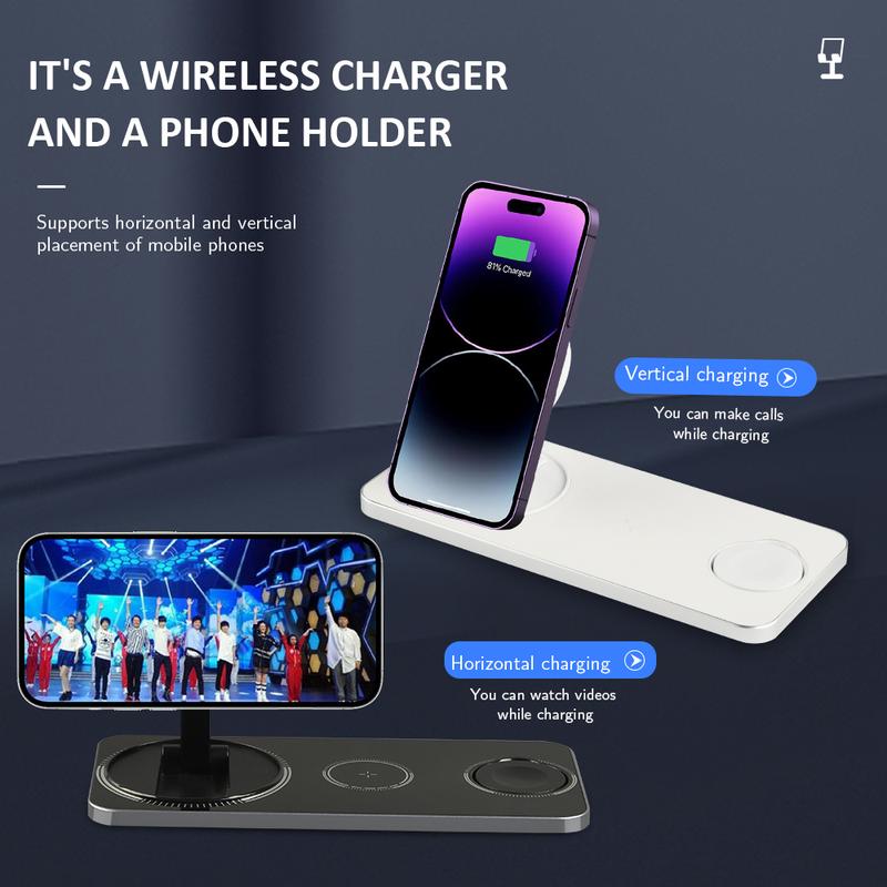 3 in 1 Wireless Charger Dock Station Foldable Max 15W Fast Charging with Magsafe Wireless Charger for iPhone12/13/14/15/16 Series for AirPods iWatch Series Wireless Charger