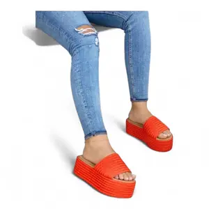 YRMODA Women's Natural Jute Plain Wedge Heel Sandals - 5cm Heel, Slip-On, Open-Toe, Vibrant Orange, Comfortable Shoe, Outdoor Summer Beach Use