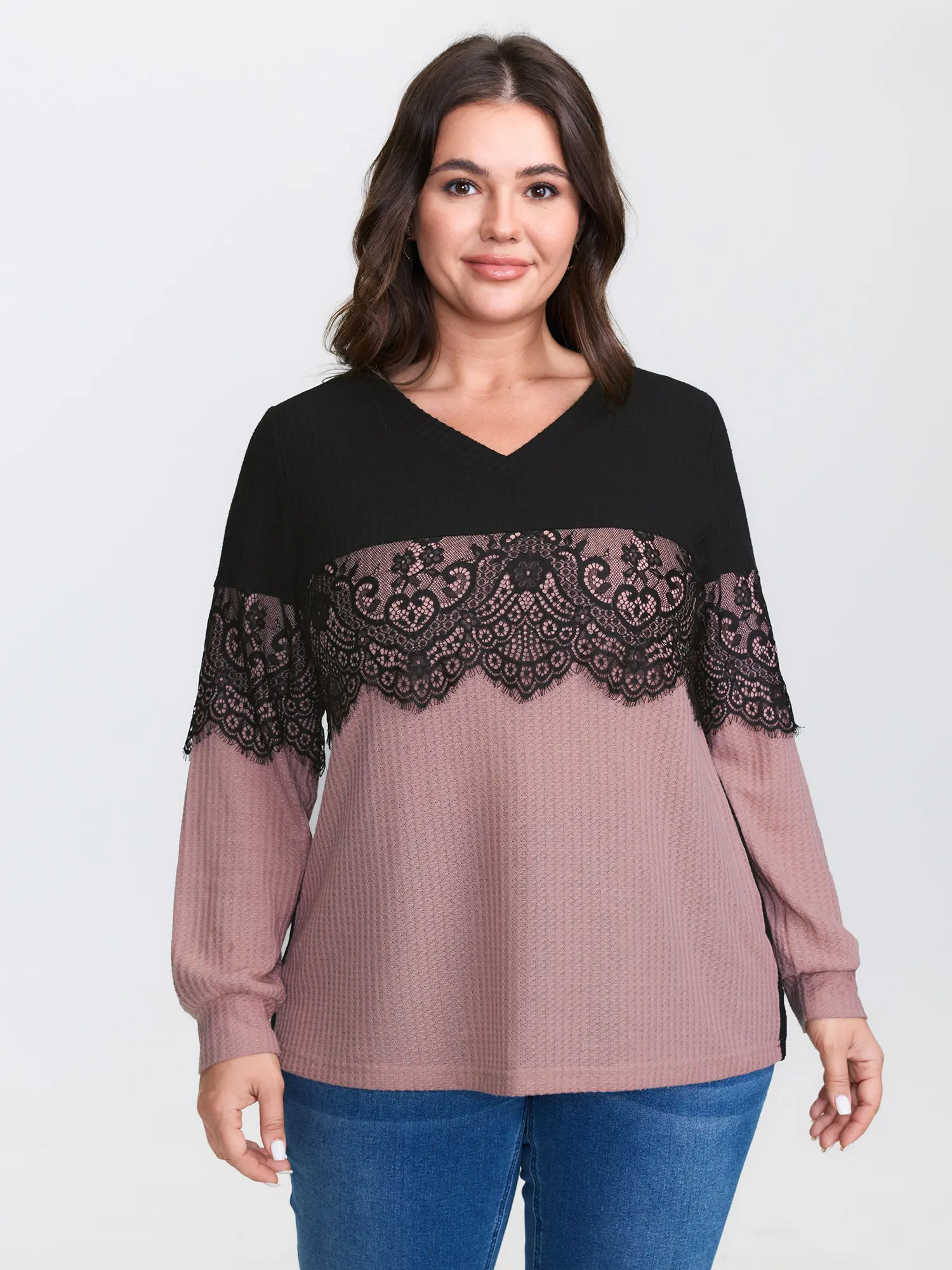 BloomChic Crochet Lace Mesh Contrast Patchwork Top 【M-6XL】