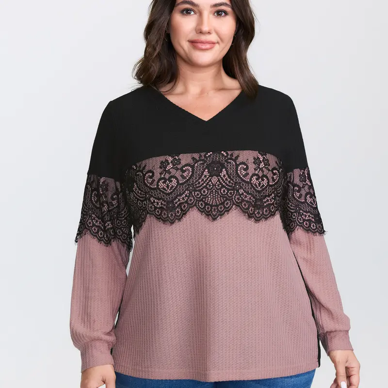 BloomChic Crochet Lace Mesh Contrast Patchwork Top 【M-6XL】
