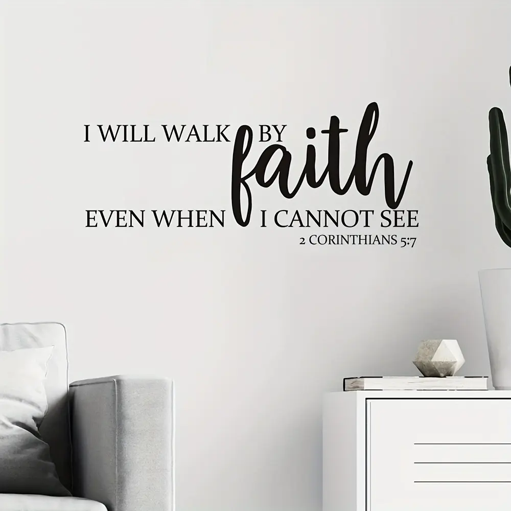 Retro inspirational faith quotes wall stickers, graphic religious scripture design, matte finish PVC material, self-adhesive detachable wall stickers for bedrooms, living rooms, offices, and bathrooms, home decor -2 Corinthians 5:7