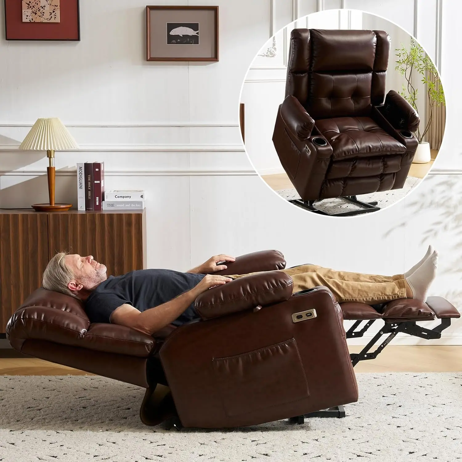 Rhevoy PU Leather Dual Motor Power Lift Recliner Chair for Elderly - 26" Oversized Seat, Vibratory Massage, Heat, Durable Storage Armrests, Lay Flat, Infinite Positions, 350lbs Cap, Brown, 41.5" D x 36.5" W x 44" H, Assembly Required