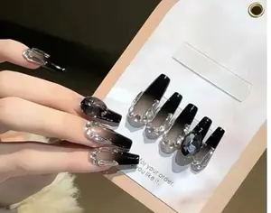 Dark Grunge Custom Press On Nails, Black to Nude Ombre Long Ballerina Fake Nails with Silver 3D Swirls & Crystals, Edgy Nail Art