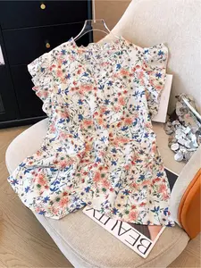 Women's Floral Print Short Ruffle Sleeve Blouse, Shirts, V Neck Ruffle Collar Casual Loose Summer Top