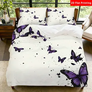 2/3 Pcs 2D Flat Purple Butterfly Duvet Cover Set Butterfly Bedding Set Quilt Cover 1 Duvet Cover + 1/2 Pillowcases Butterfly Top Sheet Decorative Bedding Bedroom Decor