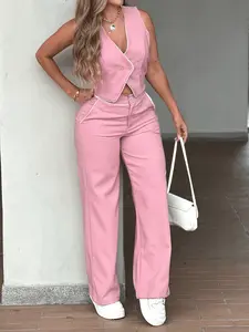 New Summer Spring Light Mature Style Two-Buckle Vest High-Waisted Wide-Leg Pants Set, Fashionable for Women, Trendy Clothing Ensemble