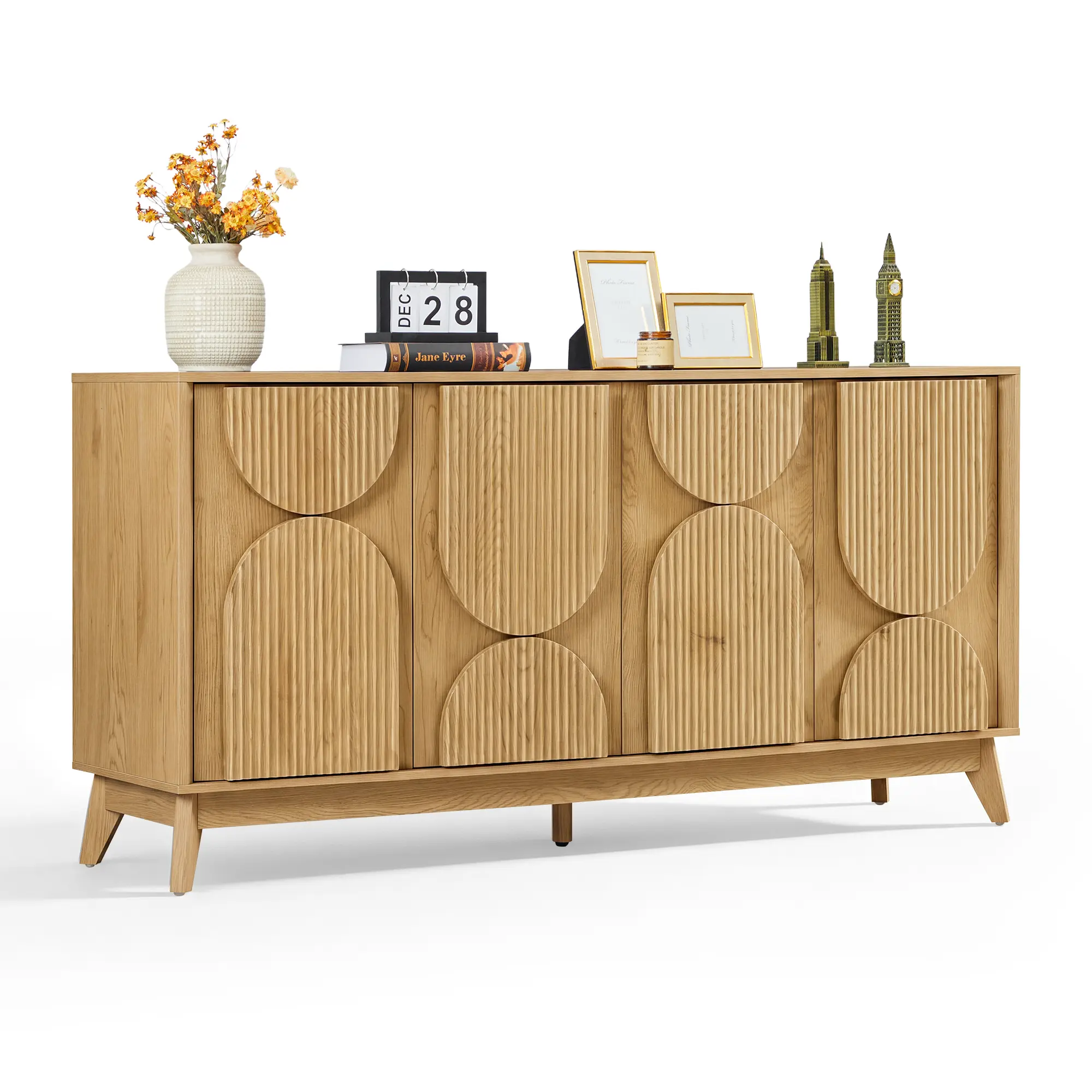 FurSch 63 Inch Fluted Sideboard Cabinet with 4 Doors, Geometric Arch Door Design & Adjustable Shelves, Large Storage Buffet Cabinet for Dining Room, Living Room & Entryway, Natural Wood Finish