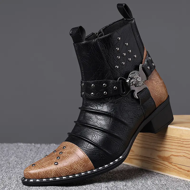 Men's Dual-Tone PU Leather Slip-On Ankle Boots, Casual-Business Versatile Footwear, Premium Classic Waterproof Design, 2 Color Combos (Black-Brown, Black-Dark Brown), All-Season for Weddings & Daily Wear