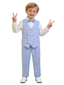 Boys Fresh Plaid 4-Piece Set (Vest + Pants + Bow Tie + Suspenders) | 5 Colors: Blue, Pink, Orange, Gray, Khaki | Perfect for Weddings, Birthdays, School Performances, Graduations, Photoshoots, Daily & Formal Wear (Shirt Not Included) – XT82130