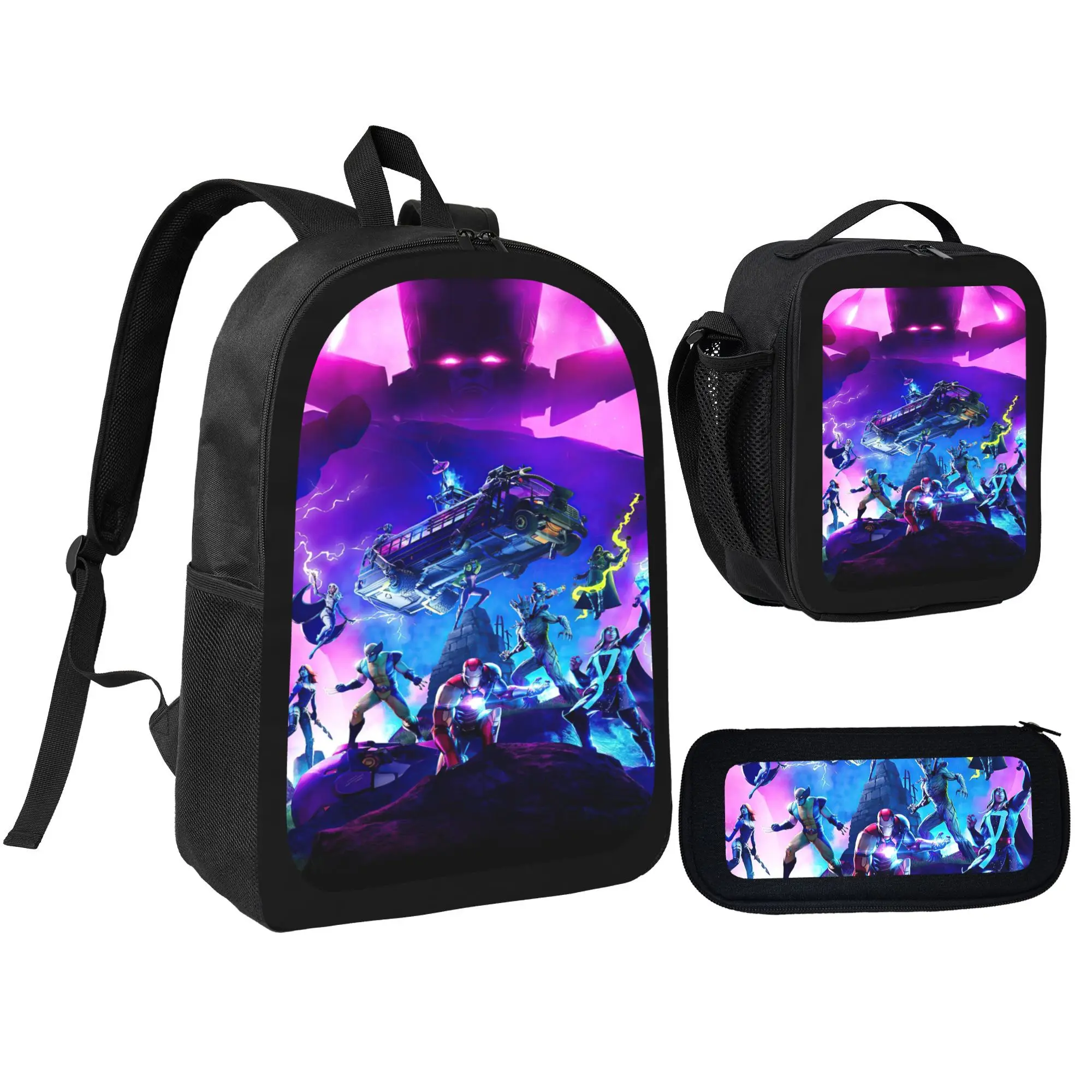 Fortnite Boys Cartoon Character 3pcs Backpack Set - Lightweight Polyester Bookbag with Pencil Bag and Insulated Lunchbox For Young Boys Teens