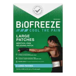 Biofreeze Large Pain Relief Patches, Menthol Pain Patches for Lower Back, Neck, Knee, & Shoulder, Comfortable & Flexible Fabric Stays in Place, FSA Eligible, 5 ct