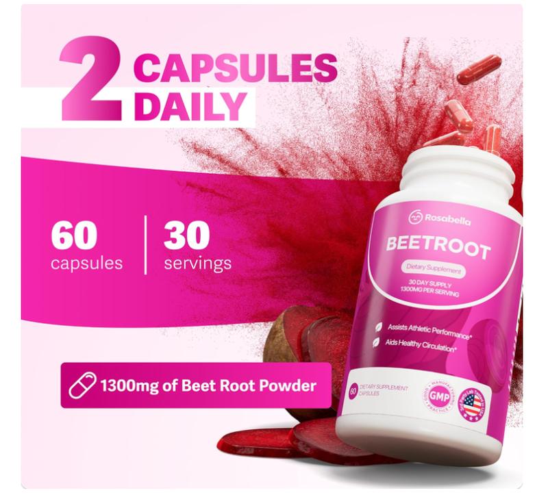 4 Pack Rosabella Organic Beet Root Capsules - 1300mg Beet Root Powder Aids Healthy Circulation & Vitality, Non-GMO, Beet Root Supplement - 60 Capsules, 30-Day Supply