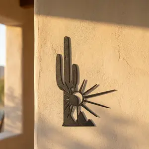 Desert Cactus Iron Wall Art, Saguaro Cactus Sun Metal Sign, Western Southwest Wall Decor, Black Metal Cactus Sculpture, Desert Landscape Wall Accent