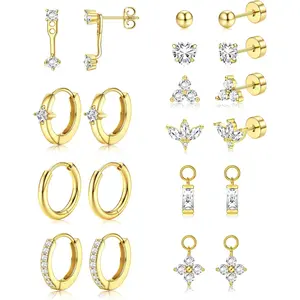 LOYALLOOK 10Pairs Small Gold Hoop Stud Earrings for Women - Hypoallergenic Surgical Stainless Steel Earrings Stack with CZ Charm Cartilage Earring Sets for Multiple Piercing Flat Back Stud Earrings