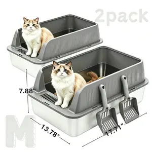 petwhole 2-Pack Stainless Steel Cat Litter Box with Lid, High-Sided Kitten-Size Solid Metal Tray, Odor-Proof, Leak-Proof, Non-Stick, Rustproof, Easy to Clean with Scoop, Stainless Steel Litter Box