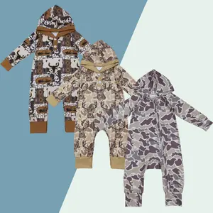 Boys' 1-Piece Stretchy Fabric Zip-Up Western Cowboy Theme Long Sleeve Hoodie Romper, Boutique Baby Clothes with Howdy Cow Print, Hunting Camo Zip Up Hoodies, One-Piece
