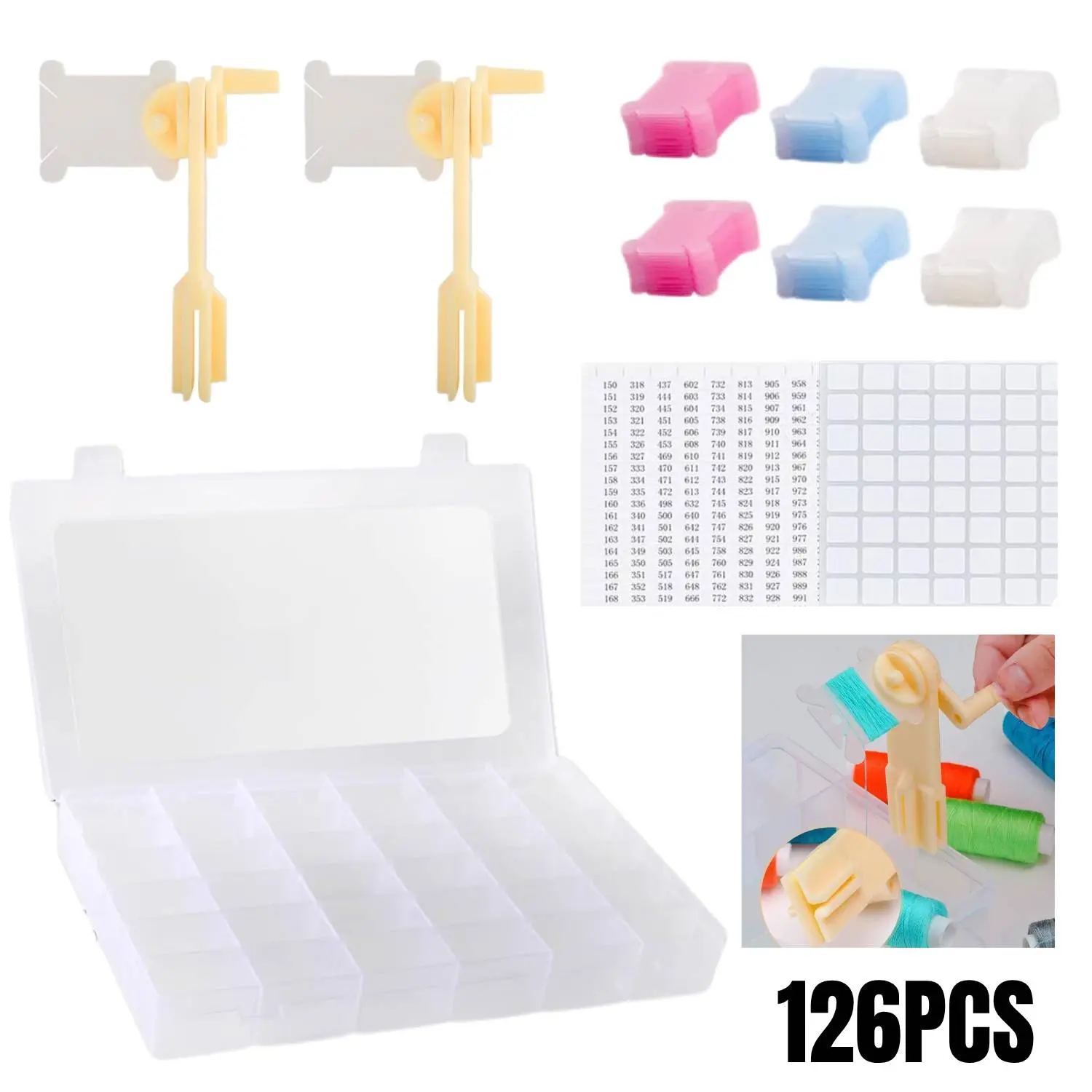 Cross Stitch Thread Storage Set - 1 Plastic Box with 36 Detachable Grids, Bobbin Winder, Color-Coded System, Time Saver for DIY Craft Sewing Supplies, Craft Room