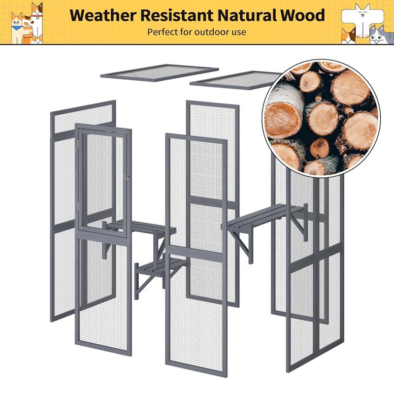COZIWOW Outdoor Wooden Cat House Enclosure with Window, 3 Spacious Platforms, Weatherproof Wood, 39.4 x 33.3 x 63.8 Inches