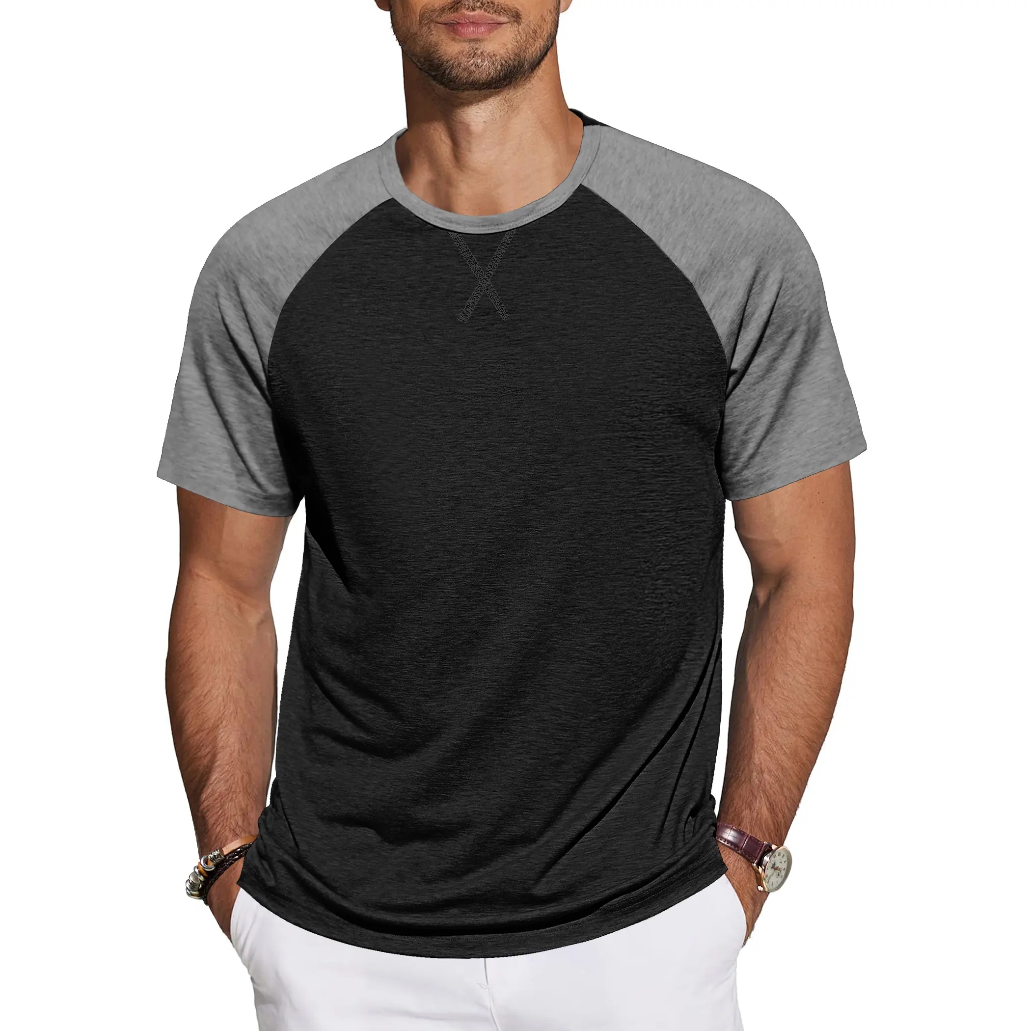 AUSELILY Menswear Men's Breathable Fabric Round Neck Short Sleeve Color Block Casual Summer Basic Tshirt