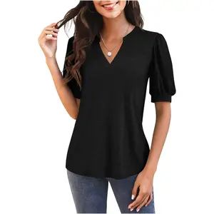 Womens V Neck T Shirts Casual Puff Sleeve Loose Dressy Blouses Summer Tops