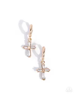 Sacred Shine - Gold White Gem Cross Hoop Earrings - Paparazzi