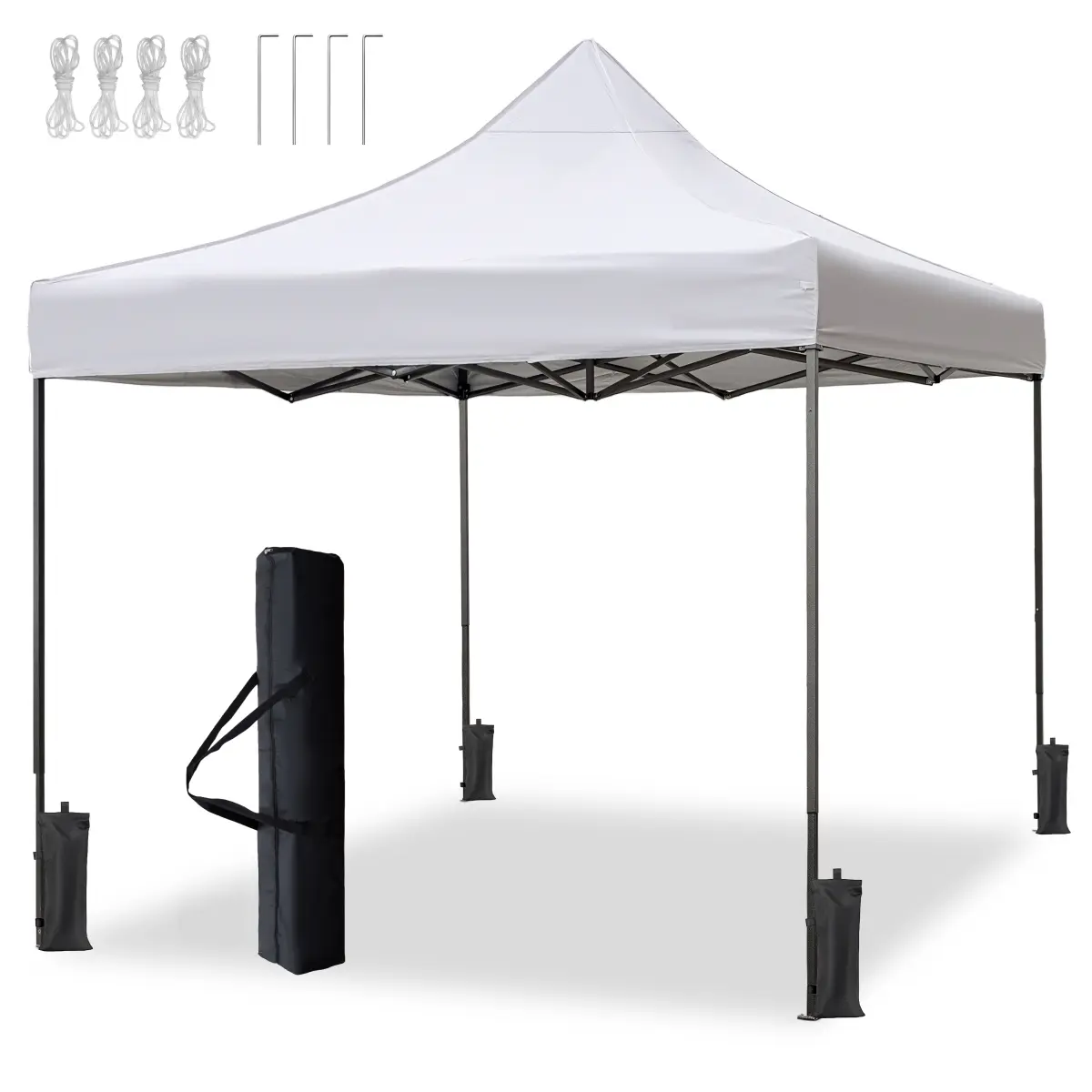 10x10 Pop Up Canopy Tent, Black Speckled Steel Frame, White Silver-Coated Top UPF50+ Water-Resistant, 3 Adjustable Heights (6.7-7.3ft), Includes Sandbags Stakes Ropes Carry Bag for Market Camping